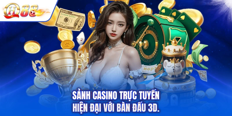 Sảnh casino trực tuyến hiện đại với bàn đấu 3D.